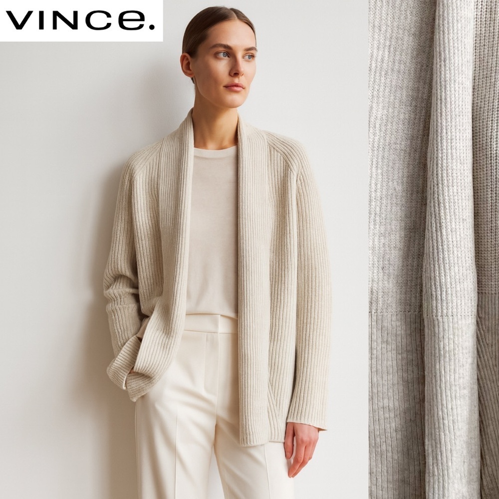 Vince Yak Wool Knit Ribbed Sweater Cardigan Cream Quiet Luxury Minimalist Cozy S